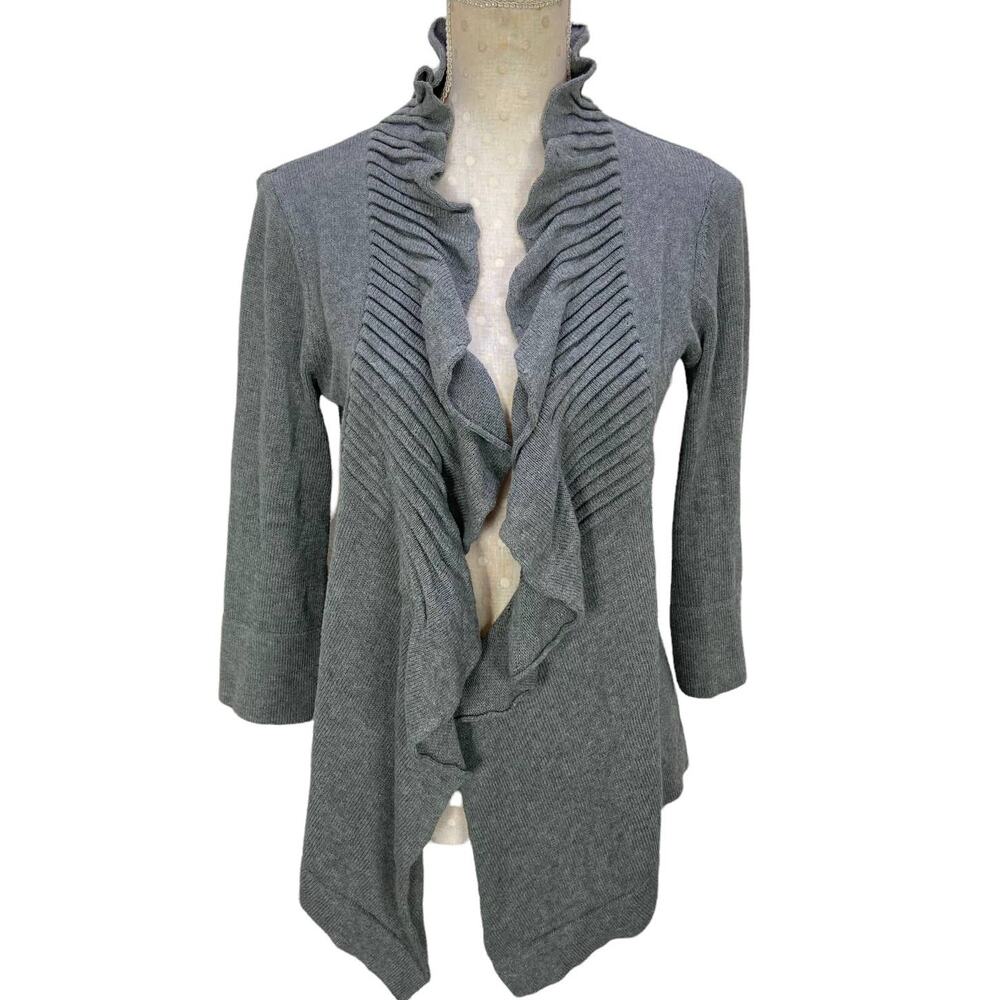Soft Surroundings Cardigan Sweater Size XS Gray Ruffled Knit Oepn Front Layering